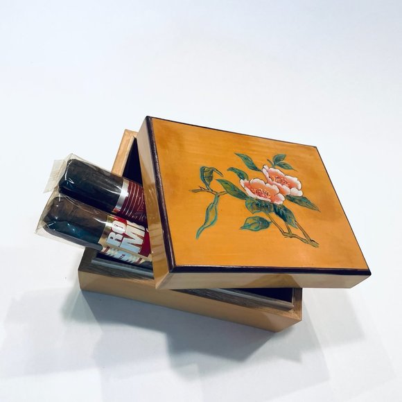Folk Art Pink Lotus Hand Painted Humidor Rectangle Maple Box